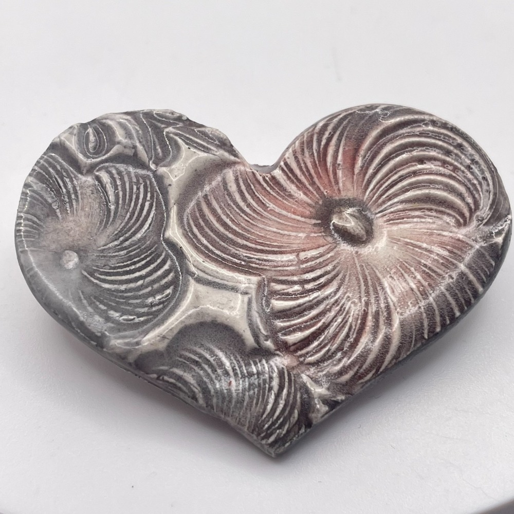 Vintage Artisan Ceramic Heart Brooch Pin Textured Swirl Grey Boho Statement